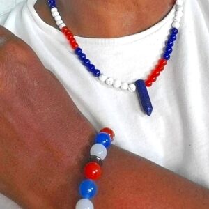 Genuine Red, White, Blue Agate Pendant Necklace And Bracelet in Stainless Steel